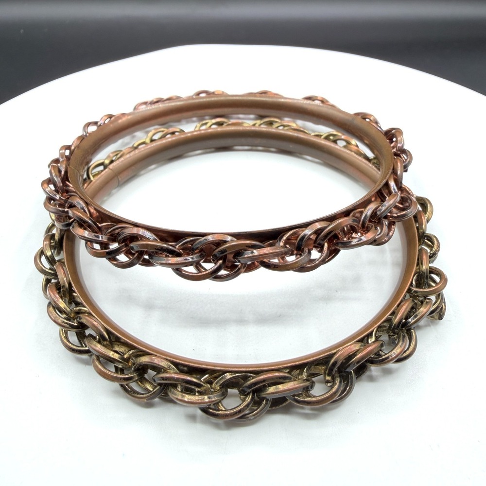 Pair Copper & Brass Tone Chain Link Bangle Bracelet Boho Stack Statement Jewelry